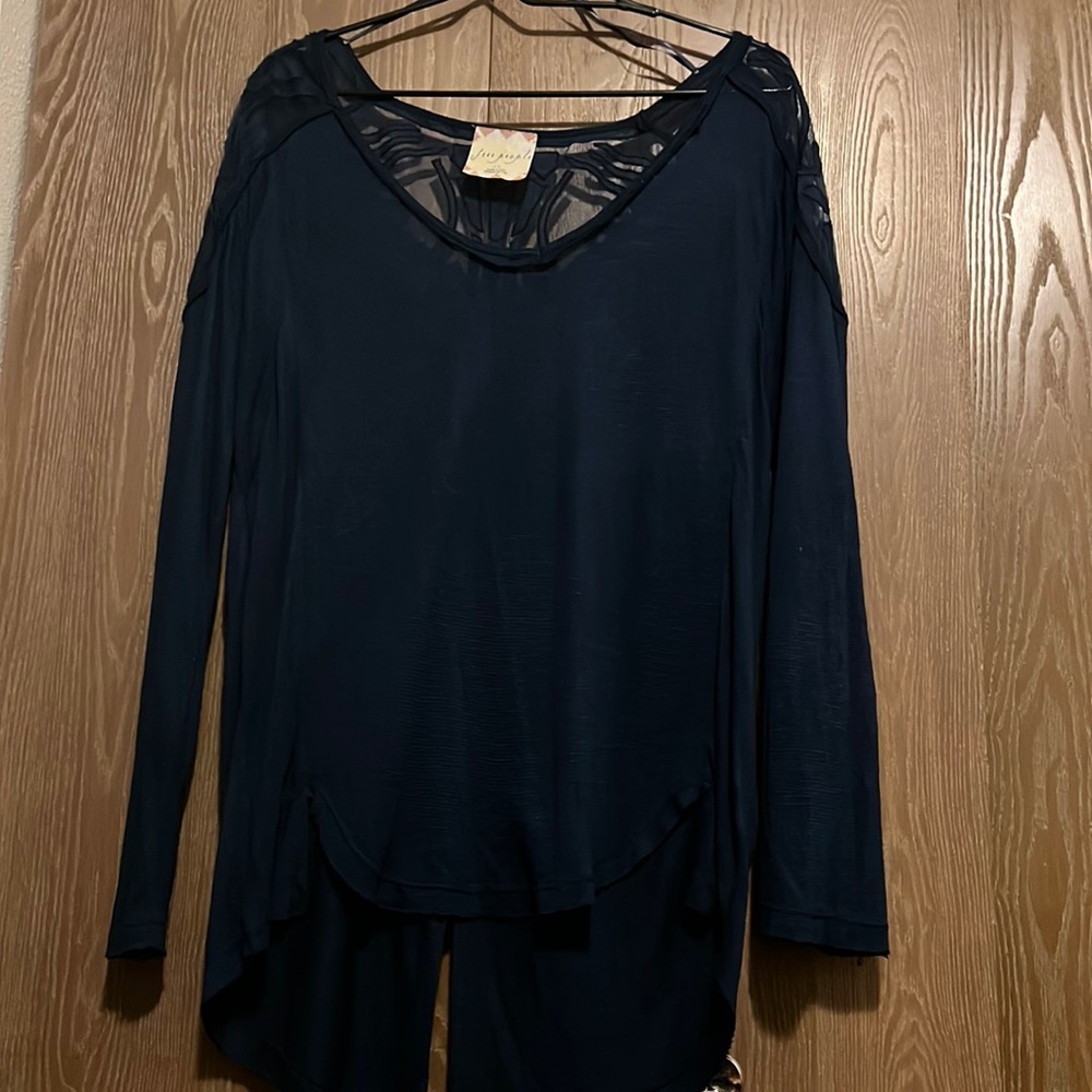 Free People Navy Mesh Back/Shoulder Detail Long Sleeve Top Size L